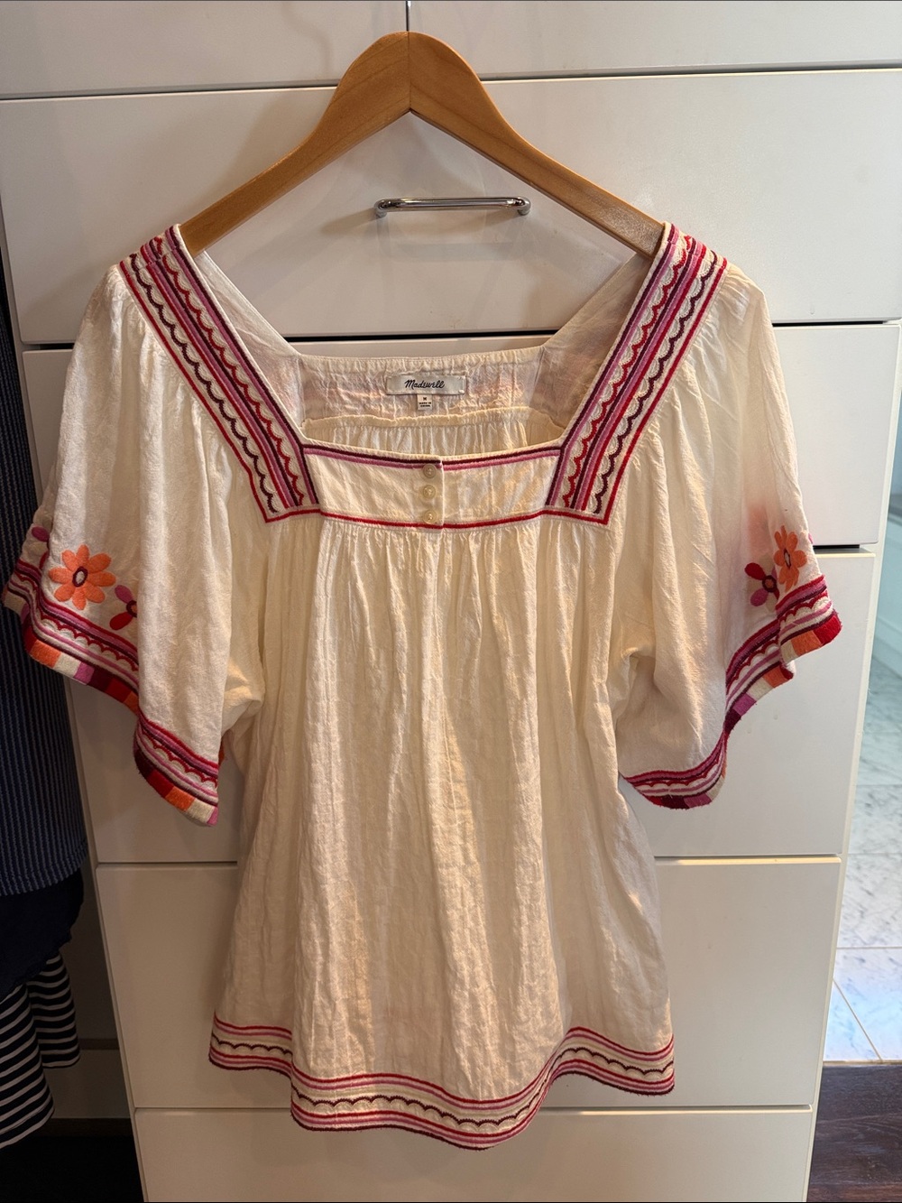 Madewell Boho Embroidered Cream Peasant Top with Pink Trim